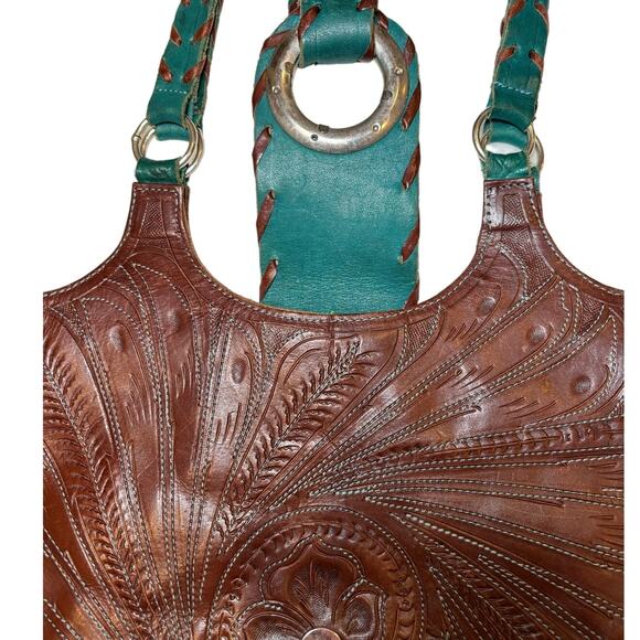 Leaders in Leather Hand-tooled Brown Leather Medium Sz Shoulder Satchel Handbag - Picture 8 of 8